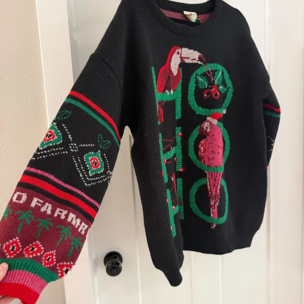 Farm Rio Hohoho Black Knit Sweater Tropical Toucan Christmas Womens M NEW Boho - Picture 3 of 6